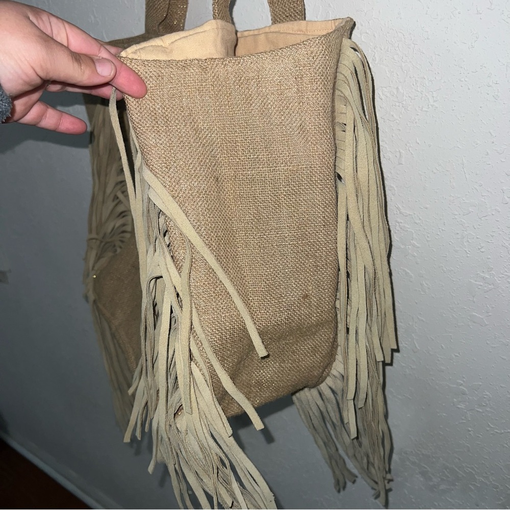 Muche et Muchette Tan/Gold Jute Suede
Fringe Accented Tote - Picture 6 of 14